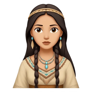 Cinematic Timeless Pocahontas Portrait Emoji, rendered in a realistic, vector style. Depict Pocahontas with warm, glowing skin, naturally flowing dark hair, and a serene, gentle expression, wearing traditional garments in muted earth tones. The design features bold, clean proportions, a soft, inviting glow, and a subtle glowing outline that captures her enduring natural beauty. sticker