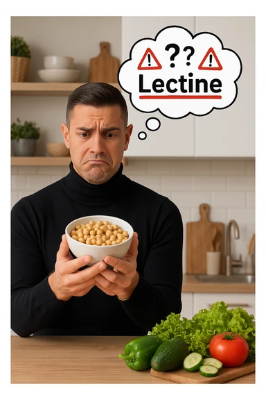 un uomo in cucina tiene in mano una ciotola di legumi (come fagioli o ceci) e li osserva con un’espressione dubbiosa e leggermente preoccupata. Sopra la ciotola, una nuvoletta di pensiero mostra la parola “Lectine” evidenziata in rosso, insieme a simboli di allarme o punti interrogativi. Sullo sfondo, altri alimenti salutari sono visibili sul tavolo, sottolineando il suo scetticismo verso i legumi. sticker