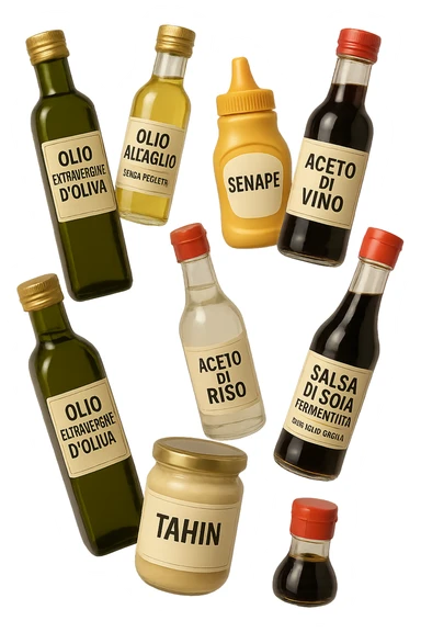 emoji stile iphone 3d di questi elementi che fluttuano in aria sparsi casualmente:

Olio extravergine d’oliva, burro chiarificato
Olio all’aglio (senza pezzetti)
Aceto di vino, aceto di riso, senape, tahin
Salsa di soia fermentata (senza aglio/cipolla)


 che fluttuano sparse casualmente in aria, le etichette dei prodotti scrivile in italiano, iperealistico 4k sticker