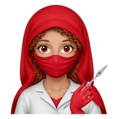 Lilith scalpel in hand, evil surgeon sexy surgeon clothes.  She has red eyes. She brown long curly hair. Wears sexy doctor outfit with red gloves. Covers mouth neck and nose with red burka to hide her identity sticker