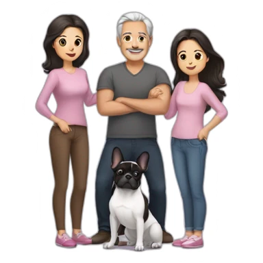 Family-with-father-without-mustache-mum-with-grey-hair-two-brunettes-daughters-with-long-hair-and-just-one-black-French-bulldog sticker