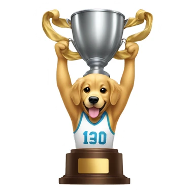 A golden retriever, lifting a trophy sticker
