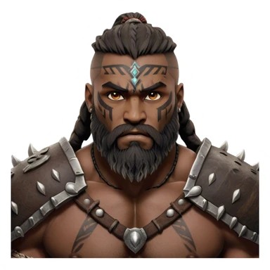Clash of Clans aesthetic: Cinematic Rugged Barbarian Portrait Emoji, Intense and formidable with a heavily muscled physique, a rugged beard, piercing eyes, and battle-worn armor adorned with tribal markings, his expression fierce and resolute, Simplified yet powerfully detailed features, highly detailed, glowing with a deep, primal energy, high shine, gritty and uncompromising, stylized with an air of raw, untamed power, focused and determined, soft glowing outline, capturing the essence of a barbarian warrior carved by countless battles and poised to lead his clan into epic conflict! sticker
