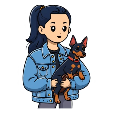 girl wearing denim jacket holding a Doberman sticker