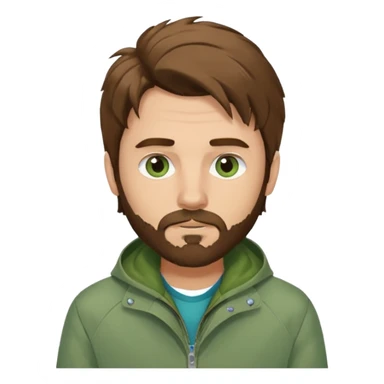 male with long messy brown hair, small facial hair, greyish blue eyes, wearing a green jacket sticker