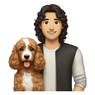 guy with brown wavy hair and asian girl with long black hair holding red goldendoodle sticker