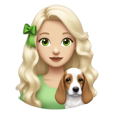 pale blonde girl with long platinum white wavy hair with bright green eyes and wearing a light pink hair bow holding a brown and white basset hound puppy also wearing a hair bow sticker