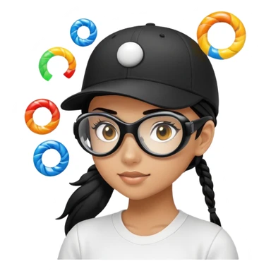 girl with black ponytail wearing black baseball hat with goggles that have LED spirals on them sticker