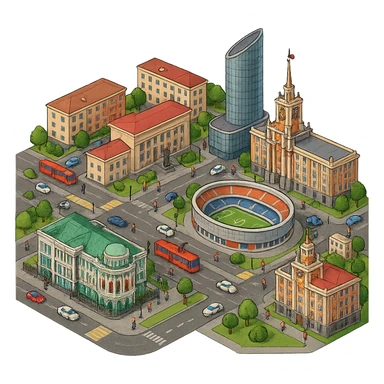 Изометричная миниатюрная фотореалистичная 3D модель Екатеринбурга - Дом Севастьянова, Ельцин-центр, Уральский федеральный университет, дома, Екатеринбург Арена, Штаб-квартира Русской медной компании, Здание Свердловского городского совета народных депутатов, четкие линии, яркие цвета, мультяшный реализм, люди, автотранспорт, компактная композиция, вид сверху в изометрии, прозрачный фон sticker