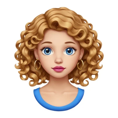 girl with light brown honey wavy hair (subtle side part and 2b curls). blue eyes. one golden nostril piercing (hoop). 6 golden hoop earrings. one golden hoop helix piercing. pink big lips.  sticker