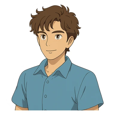 ghibli style good looking young adult boy with brown curly hair and brown eyes sticker