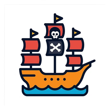 pirate ship, color outline icon style, black outlines with flat color fills, playful and clear, suitable for UI sticker