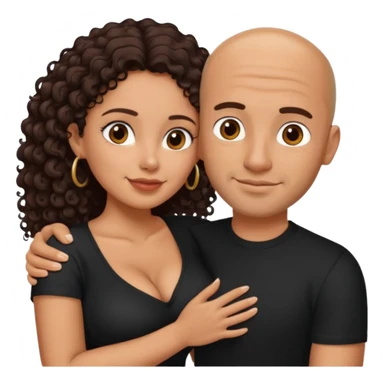 A picture of an embracing tanned couple. the man is a Mexican man with tanned skin, with a bald hair cut, short beard and wearing a black shirt. the woman is short with long curly dark brown hair and with big boobs  sticker