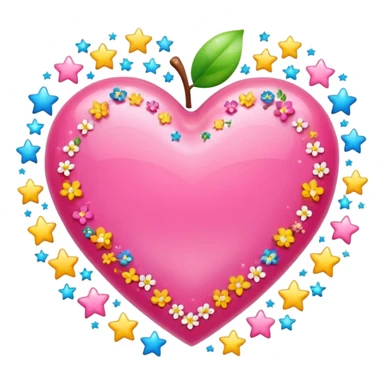 Colorful emoji-style icon of a large pink heart surrounded by sparkles, stars, and small flowers, representing overflowing love and joy. Bright and happy Apple-style emoji, glossy finish, white background. sticker