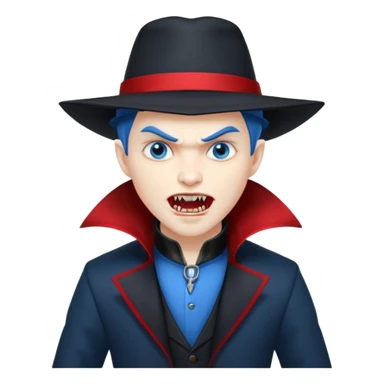 Vampire with blue hat,black coat with read collared ,teeth looks like vampire with aggression on face and full body. sticker