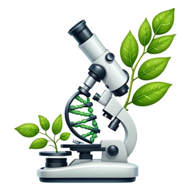 An icon featuring a DNA strand, a microscope with visible cells, and a green leaf, symbolizing biology. The design includes animal cells, plant structures, representing the study of living organisms and ecosystems. Transparent background highlights life sciences and biological research. sticker