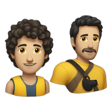 a skinny Caucasian brunnet man and a Caucasian black haired man with a yellow dog sticker