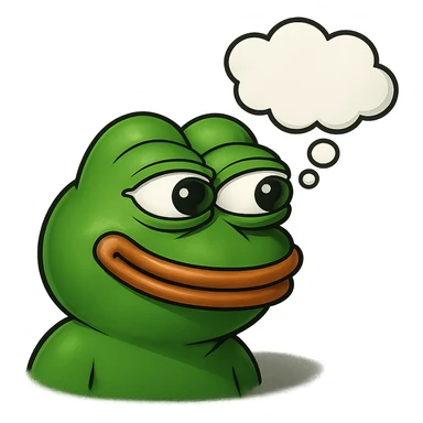 make a pepe in bright green smiling with thought bubble looking at left side in 3d style, good highlights and shadows, drop shadows sticker