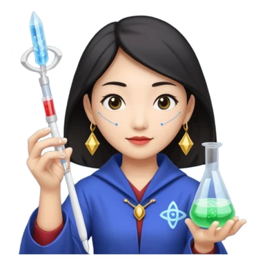 emoji of an asian woman wizard who wields a micropipette as a wand and a DNA helix spell coming from the pipette wand sticker
