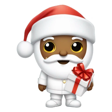 “An adorable full-body Santa with a white suit, fluffy white beard, rosy cheeks, big eyes, and a red hat with a white pom-pom, holding a small gift.” sticker