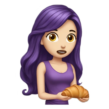 white girl long deep purple hair upset eating croissant sticker
