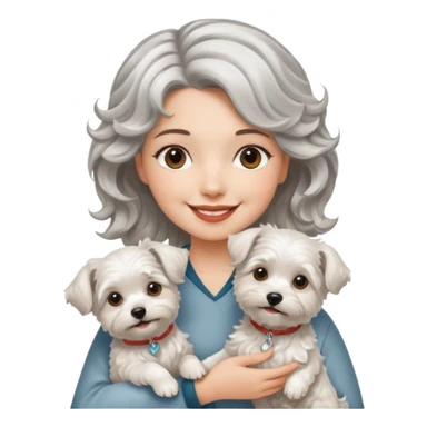 silver, short, wavy-haired with loose curls, smiling pretty lady holding westie dog and lhasa apso dog sticker