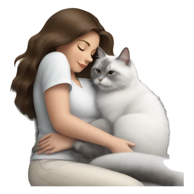 Fluffy white and gray cat sitting on brunette lady’s nap lovingly sticker