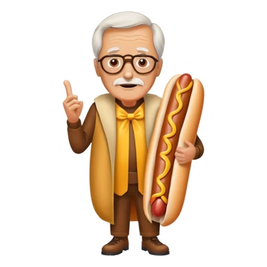Old man wearing a hot dog sticker