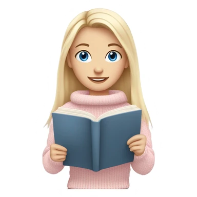 Pretty blue eyed white girl with light pink sweater reading cozy sticker