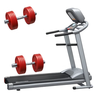 Two heavy dumbbells side by side in front of a treadmill sticker