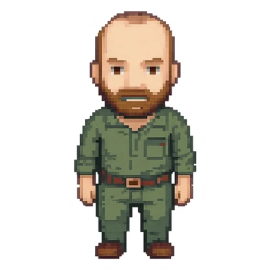 Edit the image to depict a man with less hair, shorter beard, brown hair and beard, in the style of pixel art with transparent background. The style is pixel art style. sticker