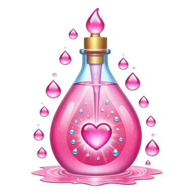 Pink teardrop-shaped glass bottle with rounded pump, glowing with iridescent light. Surrounded by sparkling dew drops, soft heart-shaped flares, and floating. Emits a radiant pink aura that glows like sunrise on skin. Feels like a glamour spell bottled into a juicy, glossy emoji flask. sticker