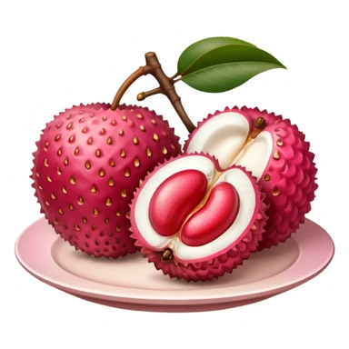 one whole lychee with rough, bumpy pink-red skin and a second one peeled open to show glossy white flesh and smooth brown seed inside, juicy translucent texture, soft lighting, subtle shadows, subtle highlights, no leaves, plate, or extras, apple emoji style, emoji scale sticker