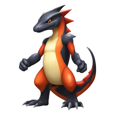 Black, Red, Orange, Beige, Modern, Cool, Edgy, Badass Punk-style Garchomp-Charmeleon-Sergal Fakémon-Digimon with sharp edgy striking detailed stripe-markings,  full body sticker