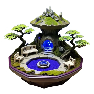  Alien saucer-castle jungle winding trail mountainside getaway haunted nighttime hobbit landscape antique mudman very old broken cracked intricate Stone Age lapis-crusted irregular dodecagon-shaped shallow dark moss rough bark violet flowered maple bonsai Saikei coffee table diorama sticker