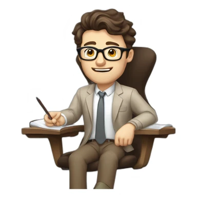 Pale skinned Fit Man With dark brown hair in gray jacket, beige office shirt, Brown pants and vintage glasses In the joke cap sitting In a soft chair with a notebook and a pen  sticker