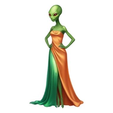 reptilian green alien woman, in long slim pastel orange formal party satin dress with gradient shiny sparkling dark red, full figure, full body sticker