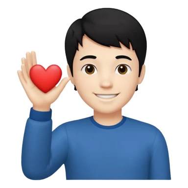White boy with black hair holding up heart hand signal sticker