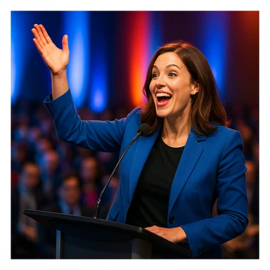 a female speaker at an event standing at a podium, energetic expression, gesturing with one hand, audience blurred in background sticker