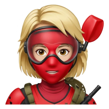 blond girl playing paintball with red paintball face mask sticker