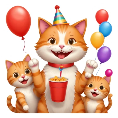 cat laughing with friends, surrounded by balloons and snacks, college party scene sticker