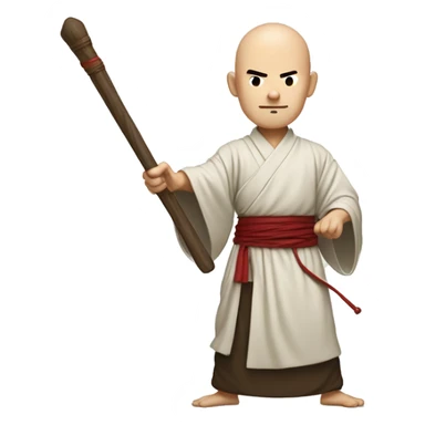 An illustration of a bald monk in traditional robes, mid-action, wielding a wooden staff. He strikes with precision, showing focus and strength. The style is cartoon-like, with a minimal background hinting at a temple or dojo sticker