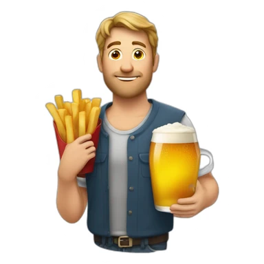 belgian man holding fries and a beer sticker