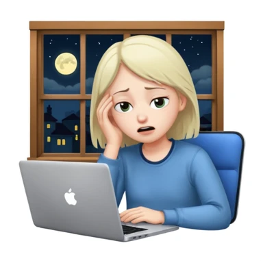 tired student with laptop, window at night behind, one eye open sticker