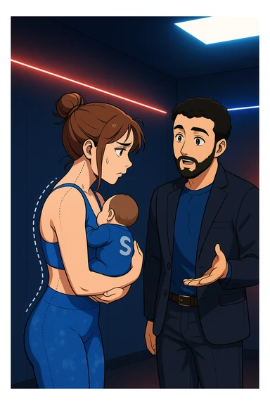 ispirati a questo stile di disegno e fai questa immagine in versione manga/webtoon a colori, il manga mostra la donna preoccupata di profilo con la postura sbagliata e incurvata, spalle chiuse e curve in avanti, con un neonato in braccio con una tutina azzurra e la scritta "S" sulla schiena, spina dorsale storta della donna in evidenza mentre ascolta l'uomo mentre l'uomo gli sta spiegando una cosa, ma non fare i fumetti, fai come se stessero parlando sticker