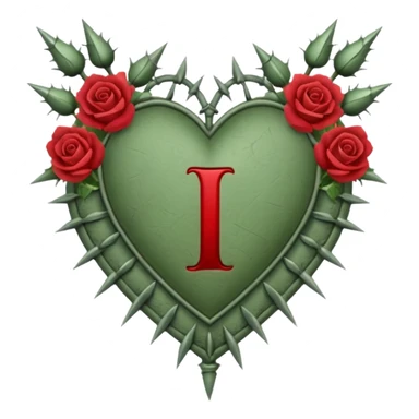 Can you make a sage green heart with a gothic design, I want roses and spikes around the heart. In the middle of the heart the letter I sticker