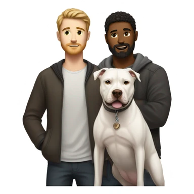 white male with dark brown hair and a lightly scruffy beard standing alongside a white pitbull sticker