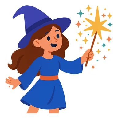 brunette girl witch, casting a spell, sparkles and stars around her, whimsical style sticker