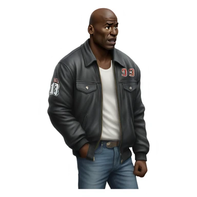 Michael Jordan in a jacket holds his head and is sad photorealistic serious sticker