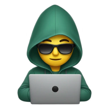 developer programming with laptop wearing a hood and sunglasses sticker